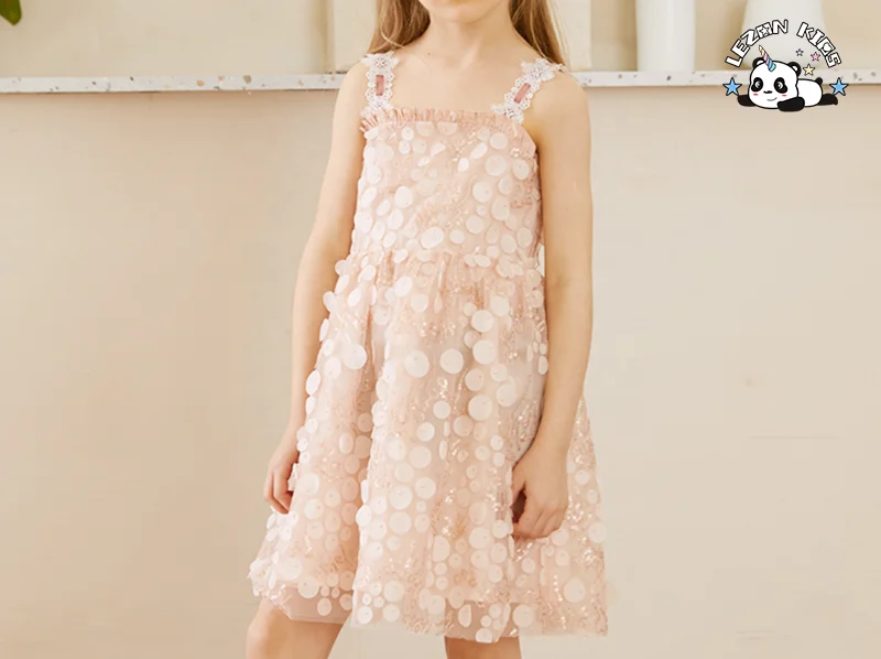 Customizable Sparkle Iridescent Suspender Floral Sequin Girls Tulle Dress for Summer - Product Image