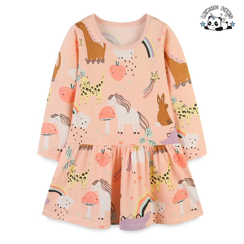 Customizable Spring Autumn Girls Princess Dress Cotton Kids Full Printed Flower Infant Long Sleeve  Dress