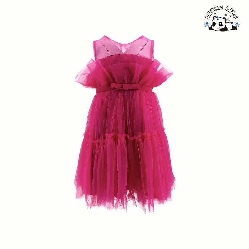 Customizable Spring Sleeveless Mesh Children's Dress Solid Bow Knot Dress Girl Princess Dress