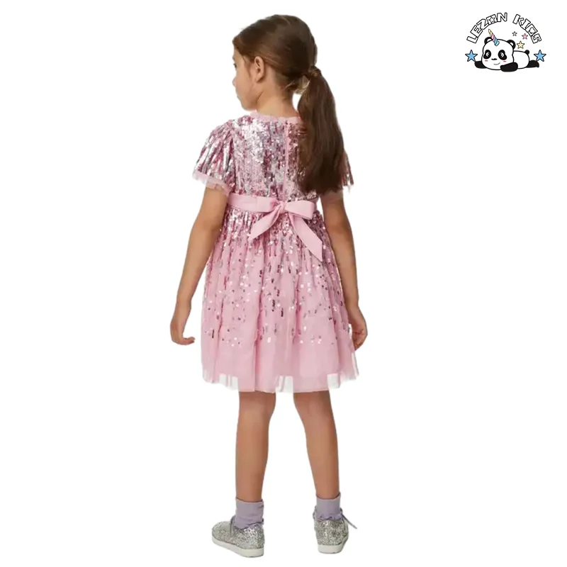 Customizable Style Customization Gradient Color Sequin O Neck Elegant Small Girls Sequin Dresses - Product Image