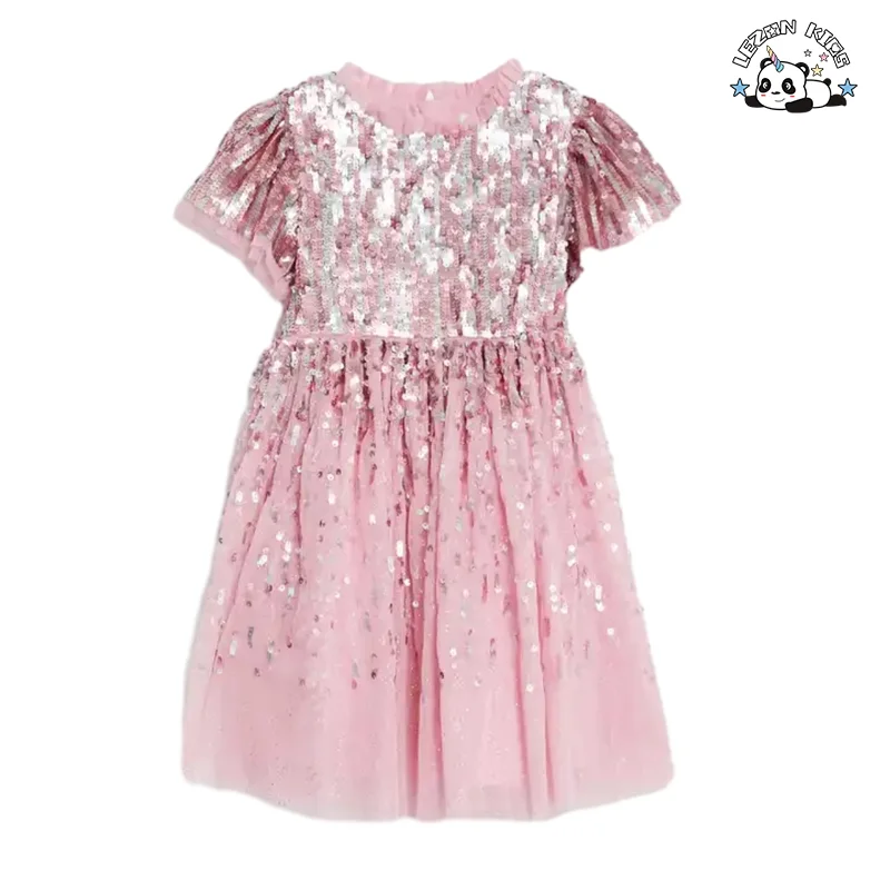 Customizable Style Customization Gradient Color Sequin O Neck Elegant Small Girls Sequin Dresses - Product Image