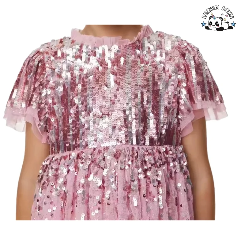 Customizable Style Customization Gradient Color Sequin O Neck Elegant Small Girls Sequin Dresses - Product Image