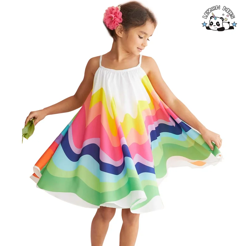 Customizable Summer Chiffon Sleeveless Strap Dress Girls Fashion Rainbow Print Princess Dress