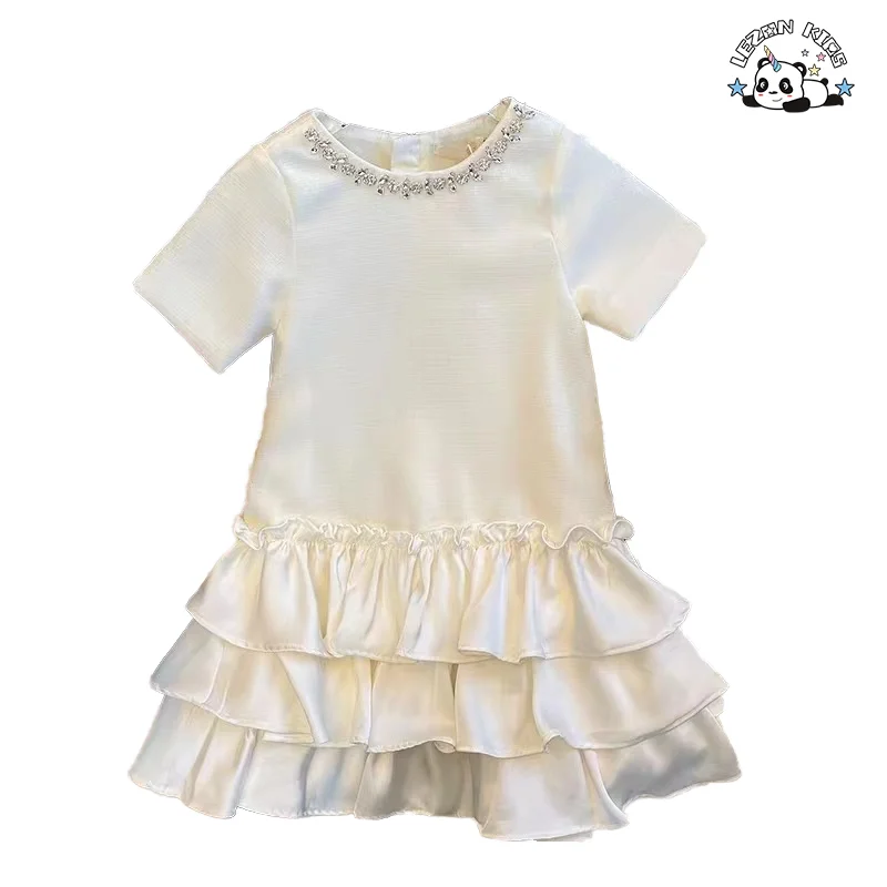Vestido de festa personalizável para meninas de luxo com colar de cristal e saia de camadas de cetim para verão para 2-14 anos