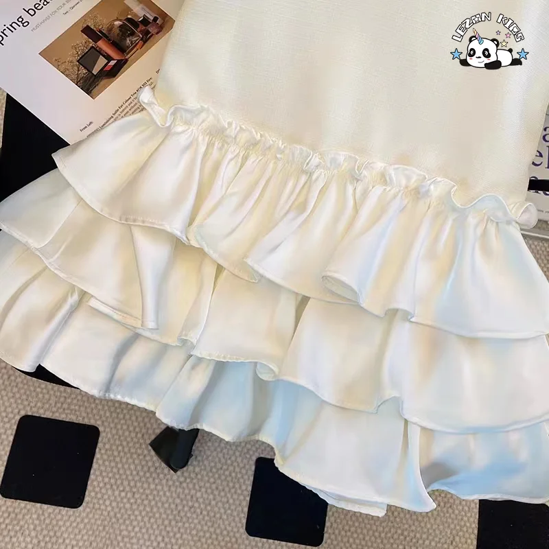 Vestido de festa personalizável para meninas de luxo com colar de cristal e saia de camadas de cetim para verão para 2-14 anos - Product Image