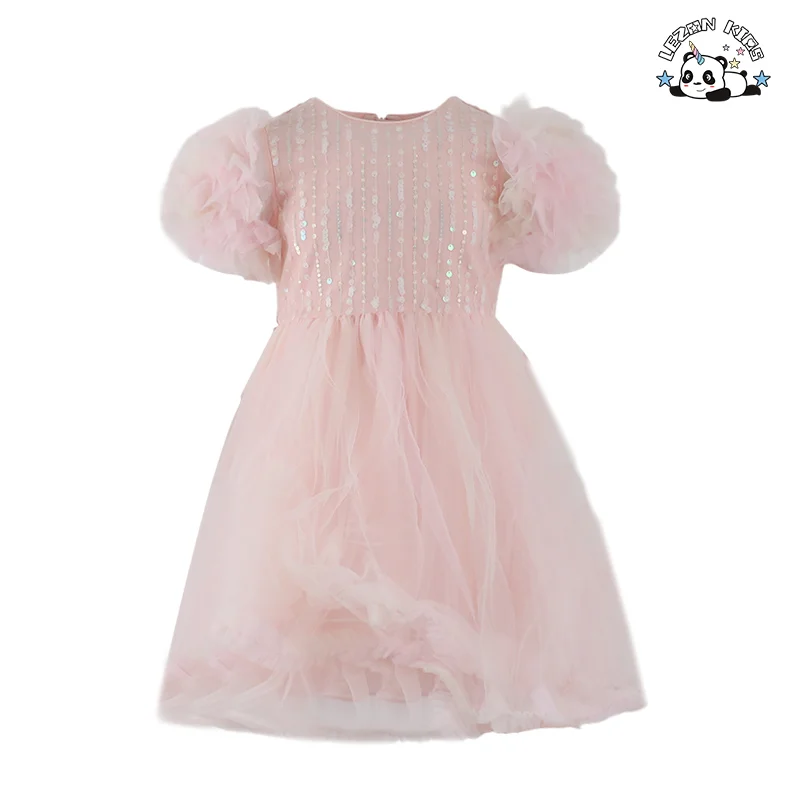 Customizable Summer New Arrival Kids Sequined Mesh Tutu Dress Puff Sleeve Princess Girls Dress for Party