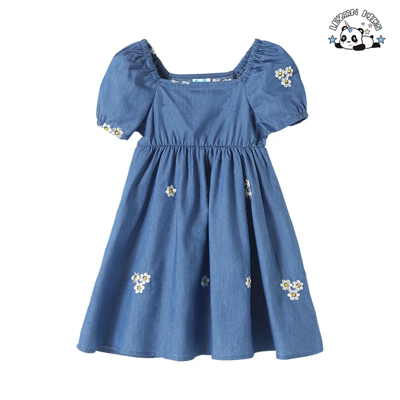 Customizable Summer New Embroidery Bubble Sleeve Flowers Children's Denim Dress Little Girls Dress