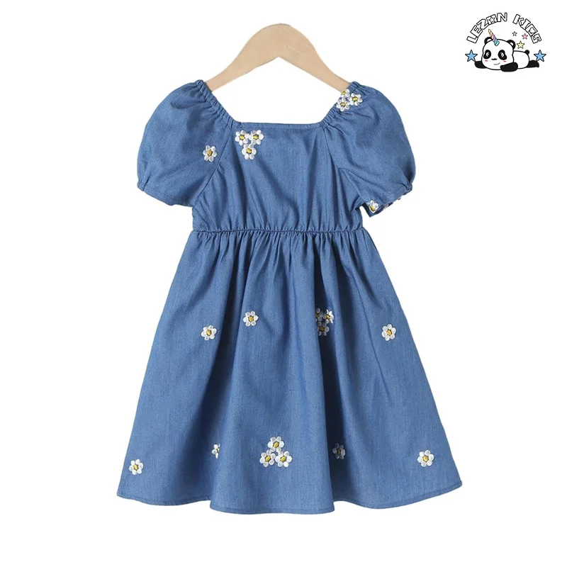 Customizable Summer New Embroidery Bubble Sleeve Flowers Children's Denim Dress Little Girls Dress - Product Image