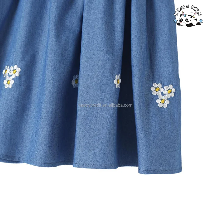 Customizable Summer New Embroidery Bubble Sleeve Flowers Children's Denim Dress Little Girls Dress - Product Image