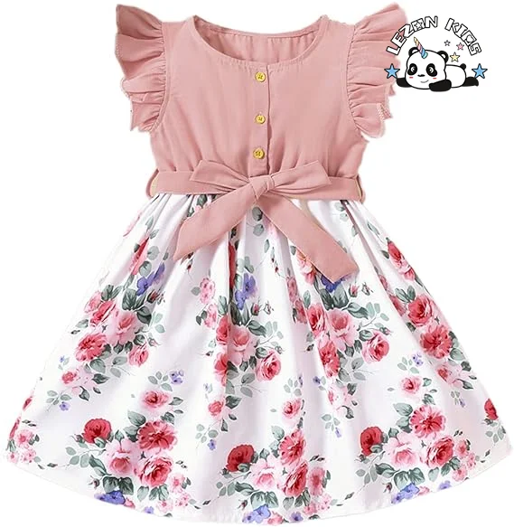 Customizable Summer Ruffle Sleeve V Neck Tunic Loose Casual Flower Swing Dress for Girls