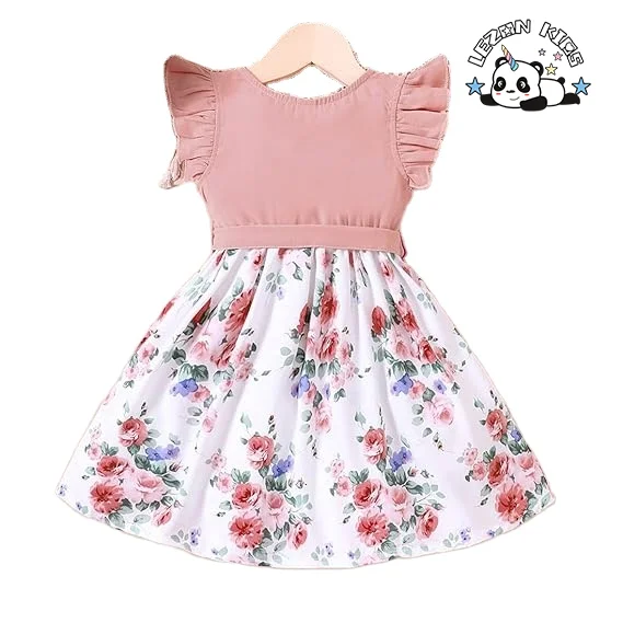 Customizable Summer Ruffle Sleeve V Neck Tunic Loose Casual Flower Swing Dress for Girls - Product Image