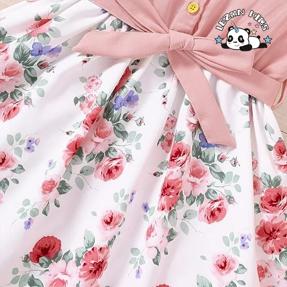 Customizable Summer Ruffle Sleeve V Neck Tunic Loose Casual Flower Swing Dress for Girls - Product Image