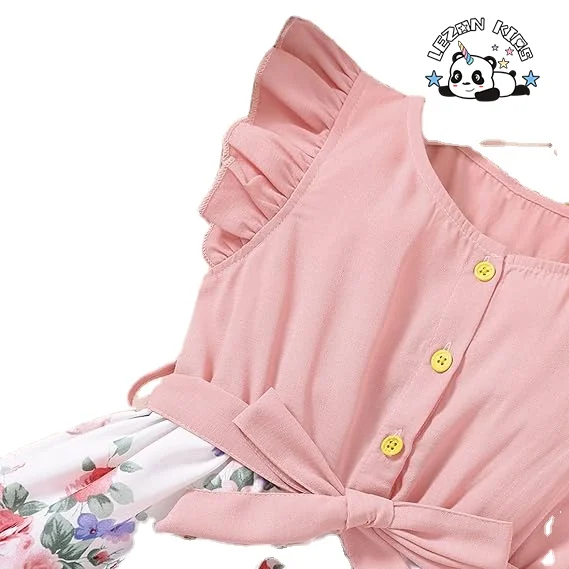 Customizable Summer Ruffle Sleeve V Neck Tunic Loose Casual Flower Swing Dress for Girls - Product Image