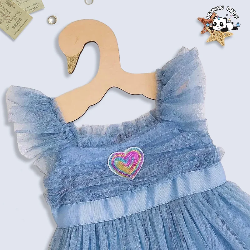 Customizable Summer Smocking Sequin Heart Applique Tutu Kids Toddler Dresses with Ruffles Shoulders - Product Image