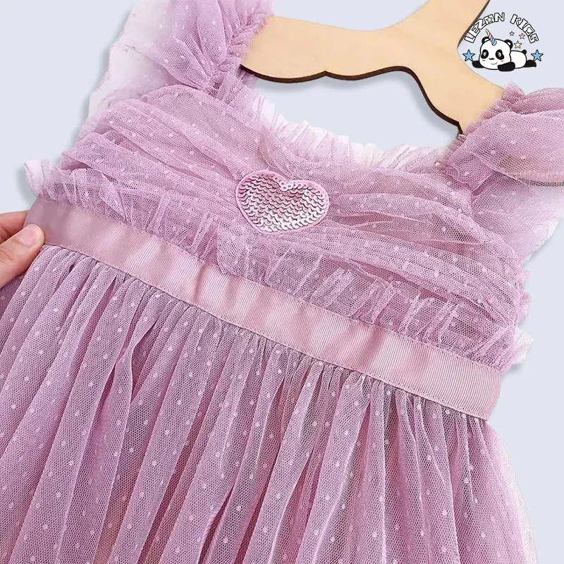 Customizable Summer Smocking Sequin Heart Applique Tutu Kids Toddler Dresses with Ruffles Shoulders - Product Image