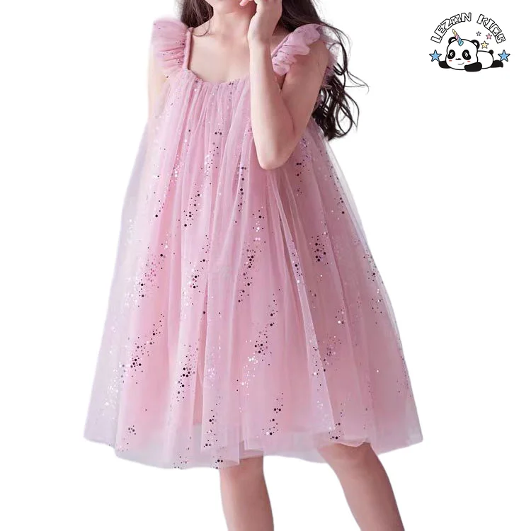 Customizable Sweet Flying Sleeve Pure Color Sequin Frocks Design Dresses for Kids Girls - Product Image