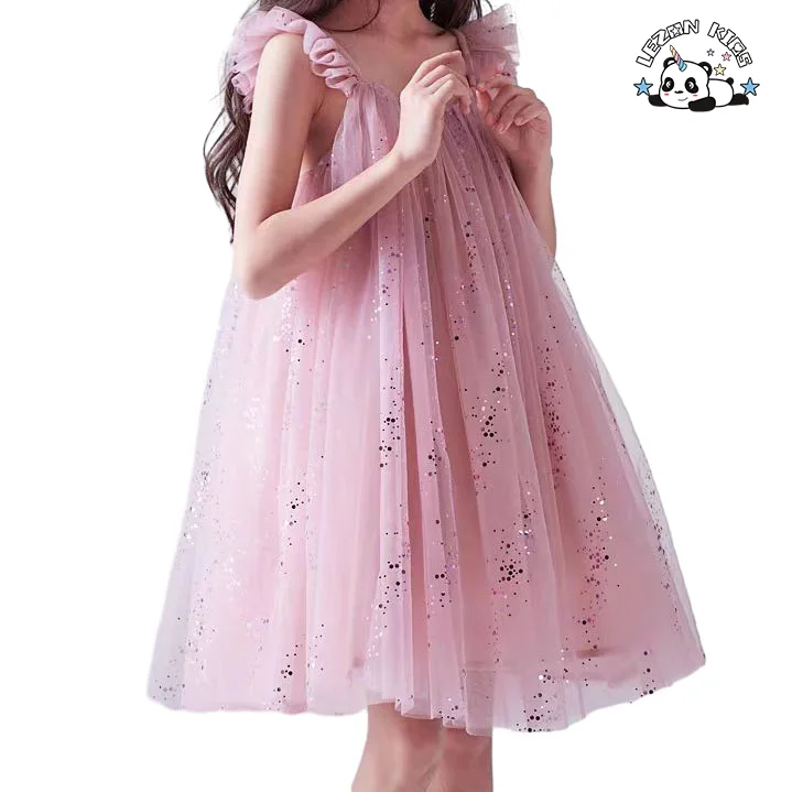 Customizable Sweet Flying Sleeve Pure Color Sequin Frocks Design Dresses for Kids Girls - Product Image