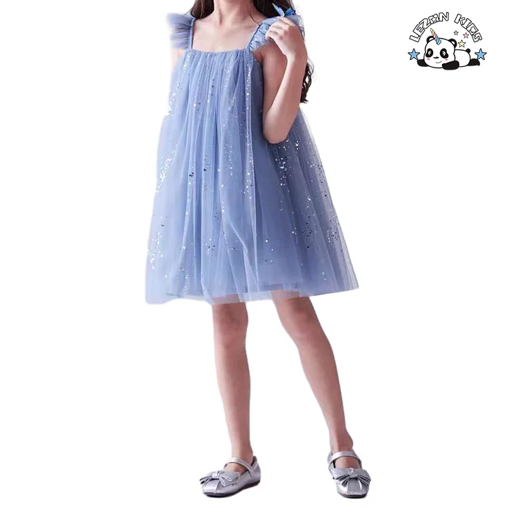 Customizable Sweet Flying Sleeve Pure Color Sequin Frocks Design Dresses for Kids Girls - Product Image