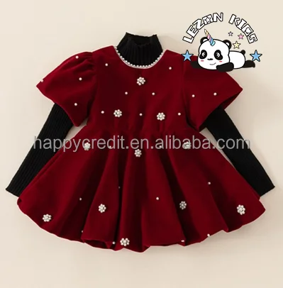Customizable Wholesale Custom Fleece Puff Sleeve Beads Red Girls Party Dress for Spring - Product Image
