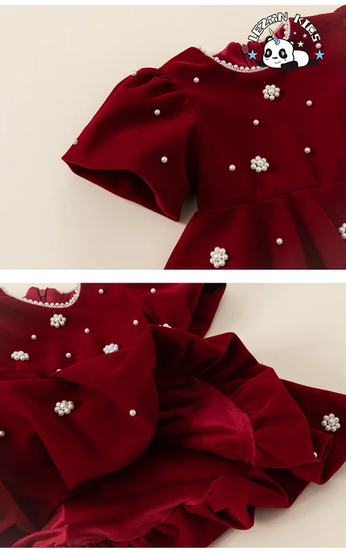 Customizable Wholesale Custom Fleece Puff Sleeve Beads Red Girls Party Dress for Spring - Product Image