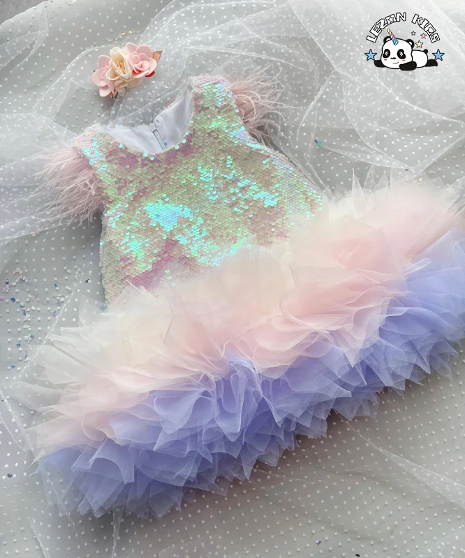 Customizable Wholesale Feather Flying Sleeves Colorful Multi Layered Sequin Girl Dress for 2-14T Kids - Product Image