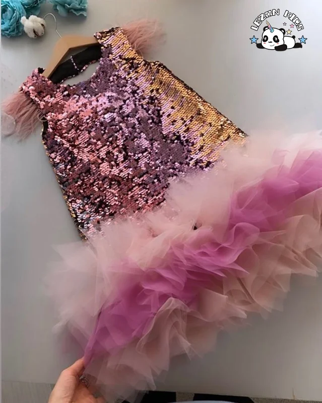 Customizable Wholesale Feather Flying Sleeves Colorful Multi Layered Sequin Girl Dress for 2-14T Kids - Product Image