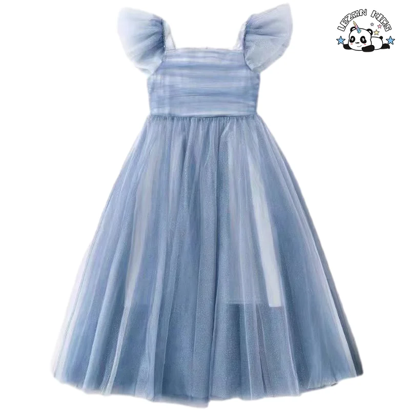 Customizable Wholesale High Quality Latest Design Frocks Flying Sleeve Blue Soft Tulle Dresses for Kids Girls