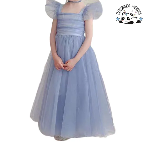 Customizable Wholesale High Quality Latest Design Frocks Flying Sleeve Blue Soft Tulle Dresses for Kids Girls - Product Image