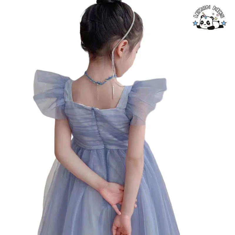 Customizable Wholesale High Quality Latest Design Frocks Flying Sleeve Blue Soft Tulle Dresses for Kids Girls - Product Image