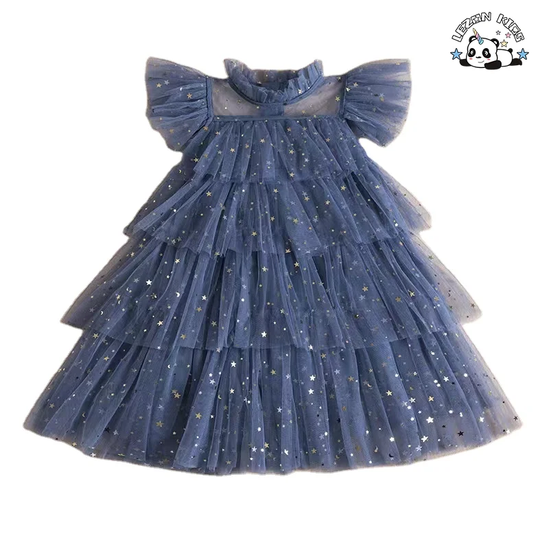 Customizable Wholesale High Quality Little Princess Sparkle Star Printed Casual Tulle Kids Girls Dresses