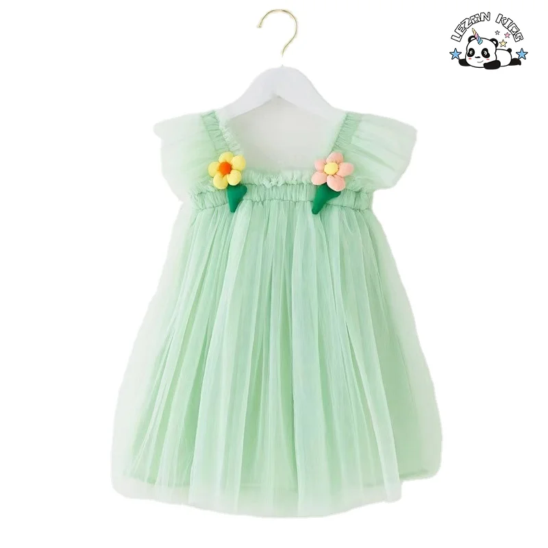 Customizable Wholesale New Design Flying Sleeve Cute Flowers Printed Fashon Tutu Girls Kids Dresses