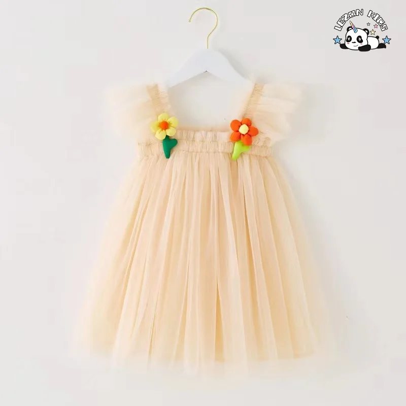 Customizable Wholesale New Design Flying Sleeve Cute Flowers Printed Fashon Tutu Girls Kids Dresses - Product Image