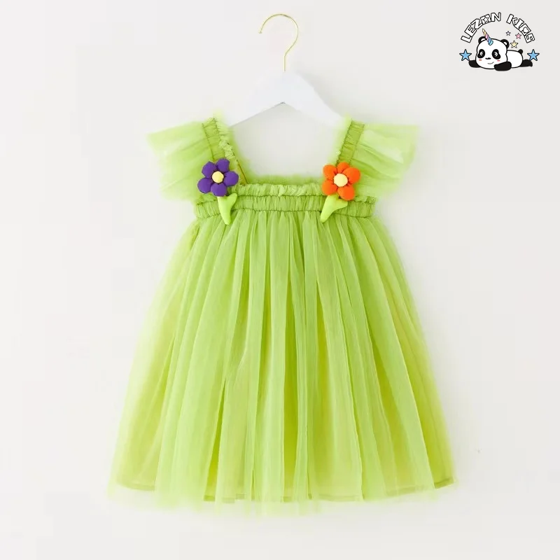 Customizable Wholesale New Design Flying Sleeve Cute Flowers Printed Fashon Tutu Girls Kids Dresses - Product Image