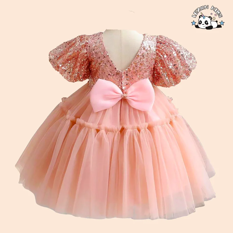 Customizable Wholesale New Innovations Latest Design Puff Sleeve Sequin Tutu Dress for Girls Kids - Product Image