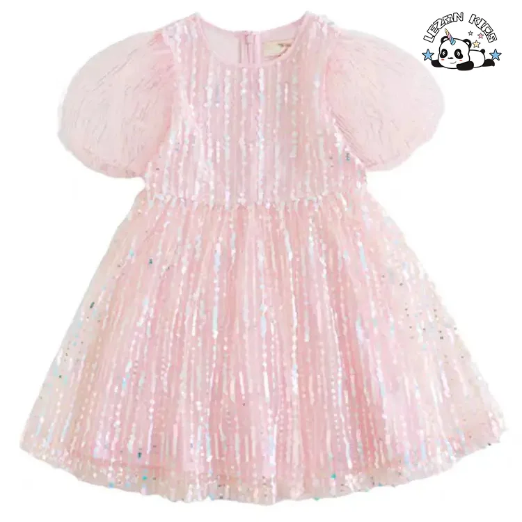 Customizable Wholesale New Product Sweet Short Sleeve Sequin Children Frock Design for 2 to 6 Years Old Girls