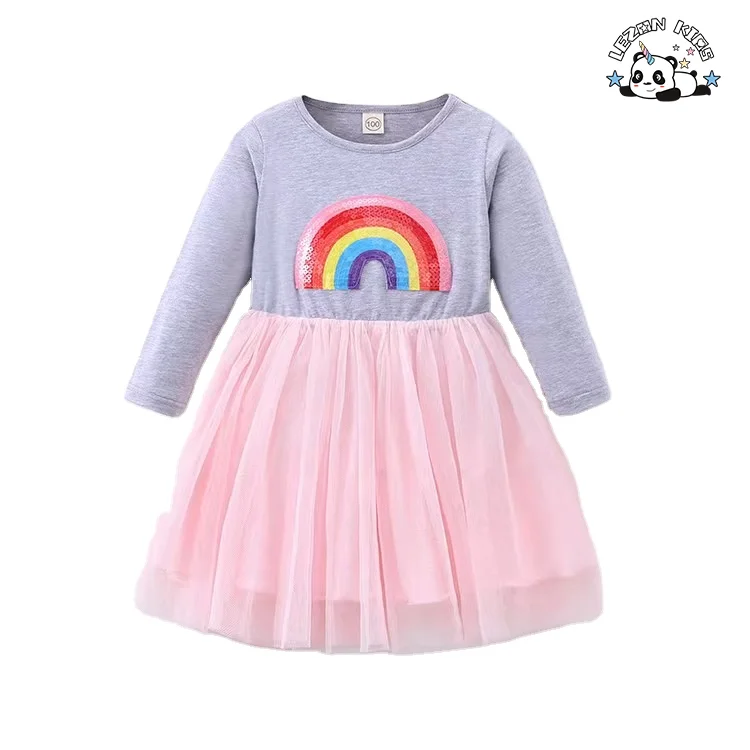 Customization Acceptable Kids Rainbow Patchwork Girls Long Dresses for Autumn