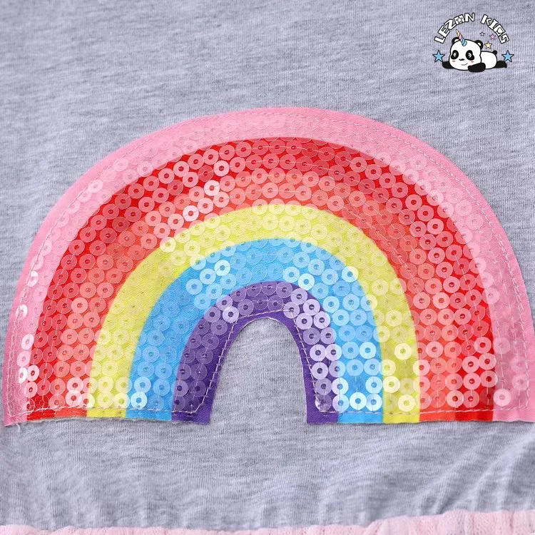 Customization Acceptable Kids Rainbow Patchwork Girls Long Dresses for Autumn - Product Image