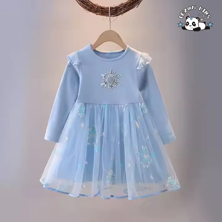 Customization Acceptable long sleeve party dress kid's tulle lace flower Girls Tutu Dress - Product Image