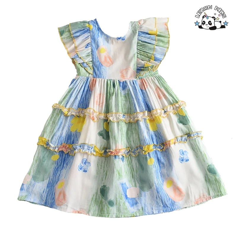 Personalizar renda manga bufante com impressão de flores no verão para vestido de menina bebê - Product Image