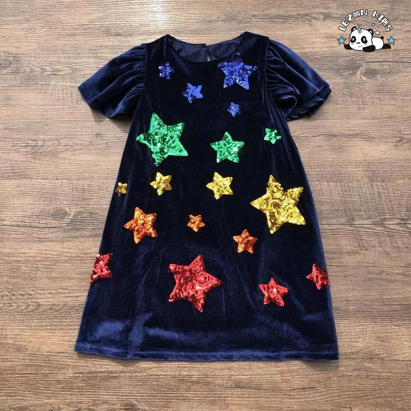 Personalizar com Estrelas de Lantejoulas na Primavera e Outono para 4 Anos no Verão Vestido Curto para Meninas - Product Image
