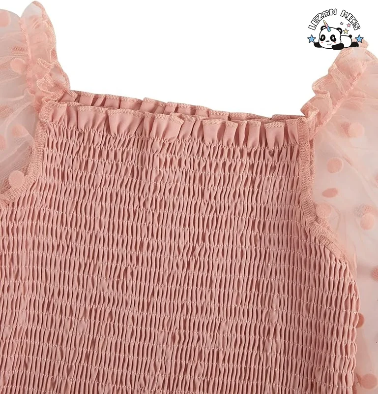 Vestido de Malha com Bolinhas e Babados de Manga Longa para Meninas no Verão, com Cintura franzida e Cor Rosa - Tamanho 7 Anos - Product Image
