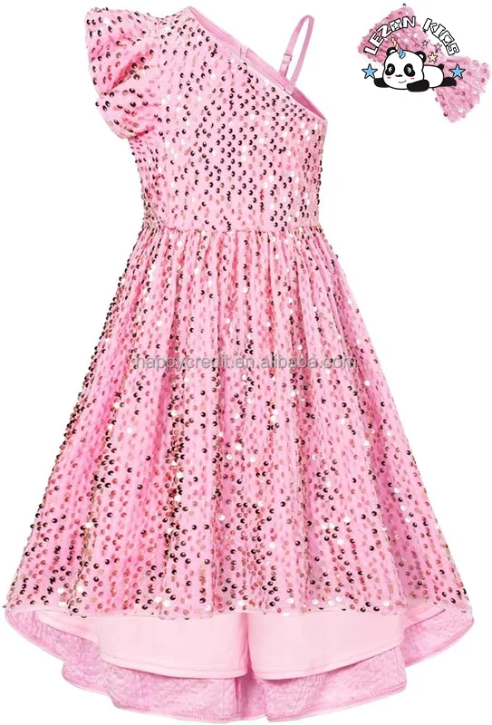 Vestido de lantejoulas de uma alça personalizável para meninas Vestido de festa para 5-12 anos com lantejoulas brilhantes Vestido de menina popular - Product Image