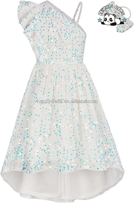 Vestido de lantejoulas de uma alça personalizável para meninas Vestido de festa para 5-12 anos com lantejoulas brilhantes Vestido de menina popular - Product Image