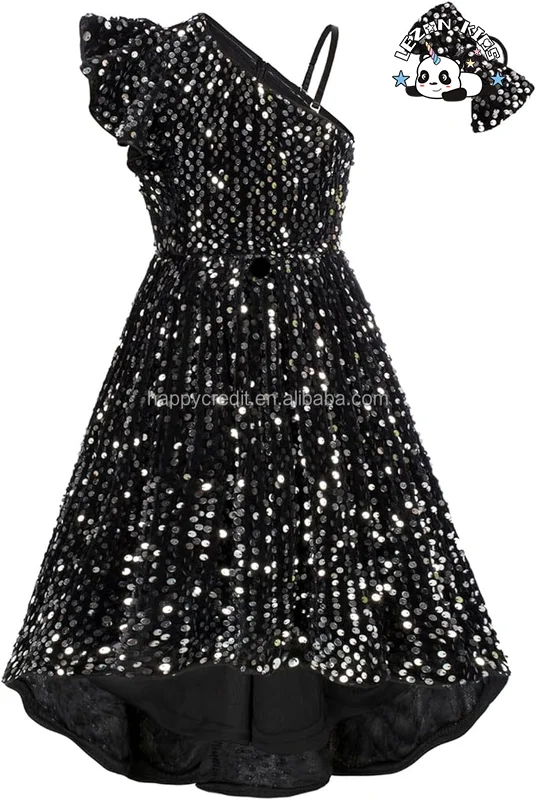 Vestido de lantejoulas de uma alça personalizável para meninas Vestido de festa para 5-12 anos com lantejoulas brilhantes Vestido de menina popular - Product Image