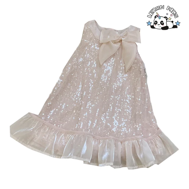Customize Kids Summer Sleeveless Dress 2023 New Girl Pink Bow Sequin Princess Dresses - Product Image