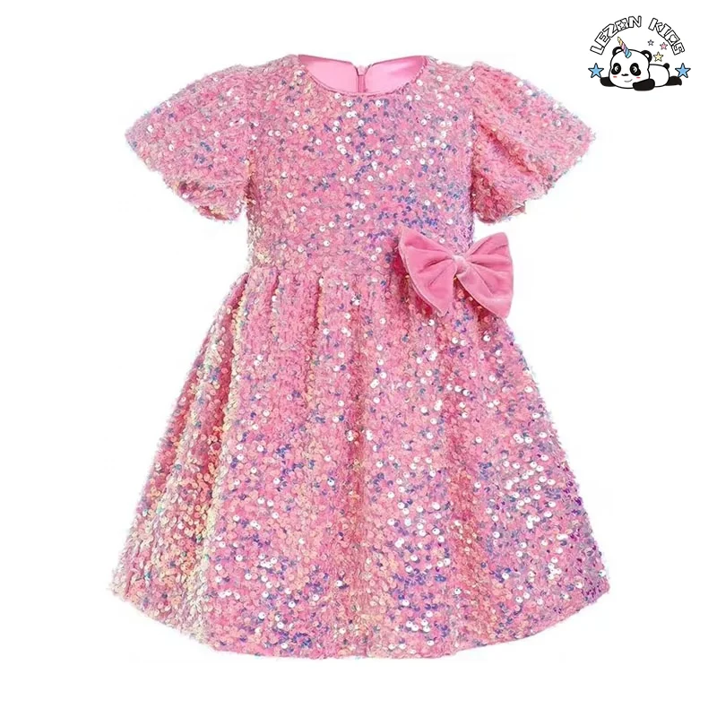 Vestido de Veludo Personalizado para Meninas, Vestidos de Sequin para Meninas, Manga Curta e Bufante, Vestido de Princesa Brilhante para Festa de Aniversário e Feriado