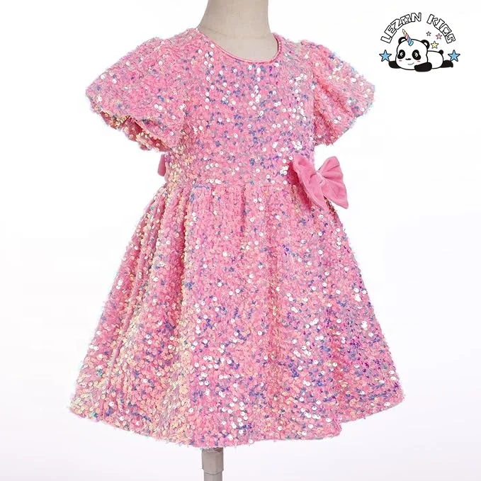 Vestido de Veludo Personalizado para Meninas, Vestidos de Sequin para Meninas, Manga Curta e Bufante, Vestido de Princesa Brilhante para Festa de Aniversário e Feriado - Product Image