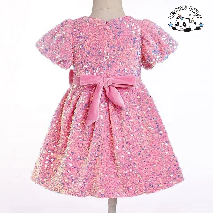 Vestido de Veludo Personalizado para Meninas, Vestidos de Sequin para Meninas, Manga Curta e Bufante, Vestido de Princesa Brilhante para Festa de Aniversário e Feriado - Product Image