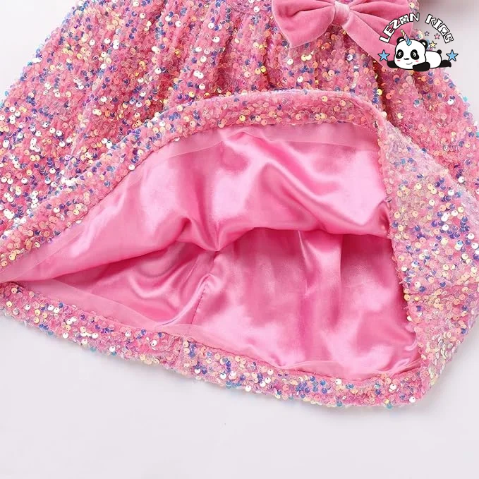 Vestido de Veludo Personalizado para Meninas, Vestidos de Sequin para Meninas, Manga Curta e Bufante, Vestido de Princesa Brilhante para Festa de Aniversário e Feriado - Product Image