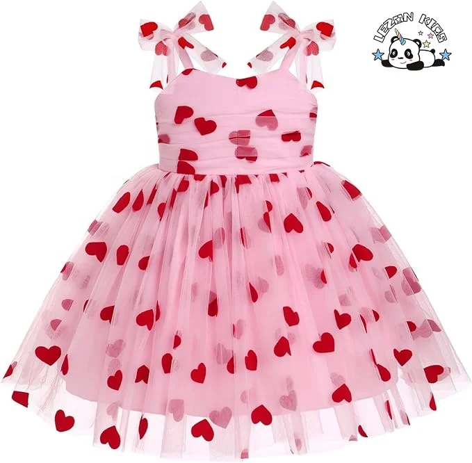 Vestido rosa personalizado para meninas com malha vermelha, alças de laço sem mangas e costas franzidas para verão para crianças de 2 a 14 anos